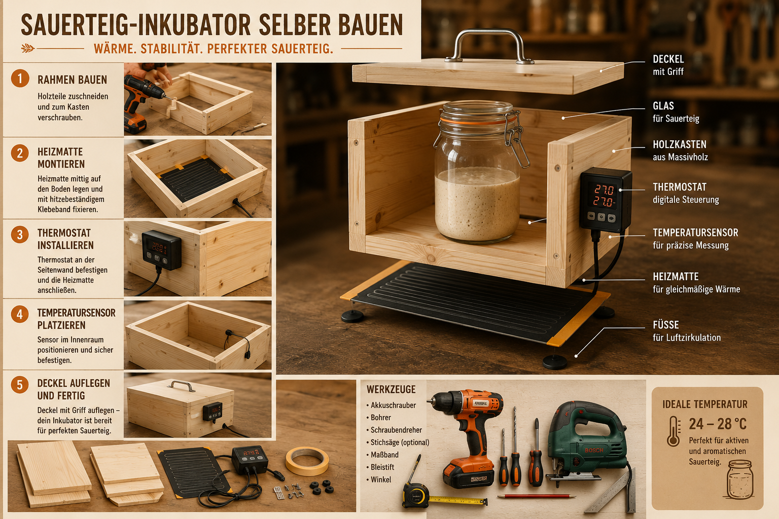 Einen eigenen Sauerteig-Inkubator bauen für konstante Temperaturen 1 Detailed () step-by-step DIY illustration showing exploded view of a sourdough incubator being assembled: wooden box frame,