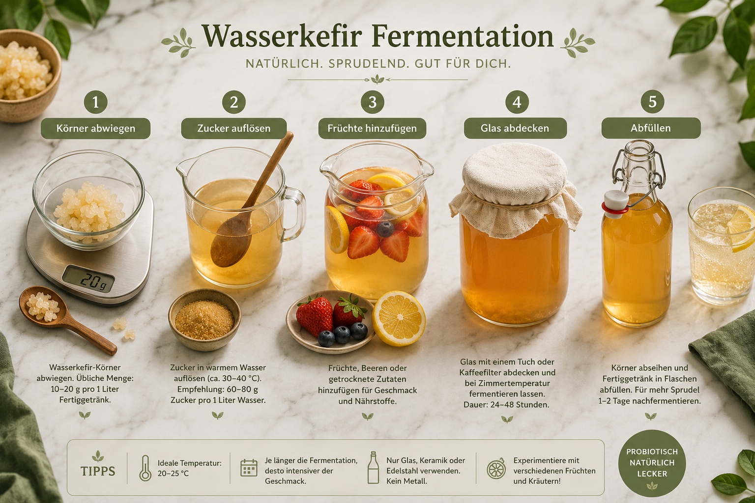 Wasserkefir selbst ansetzen: Schritt-für-Schritt zur perfekten Fermentation 1 Detailed () step-by-step flat-lay infographic showing Wasserkefir Fermentation process: five labeled stages arranged left to