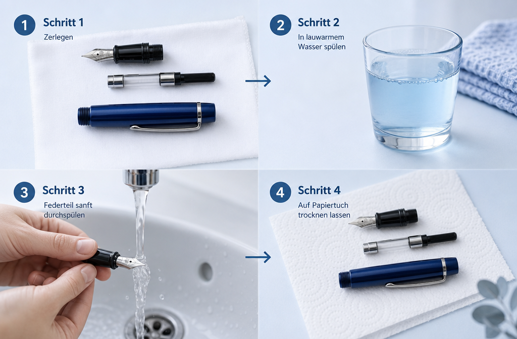 Füllfederhalter richtig reinigen und pflegen: Tinte wechseln ohne Schmieren 1 Detailed () step-by-step illustration showing four stages of fountain pen cleaning: disassembled pen nib and converter on a