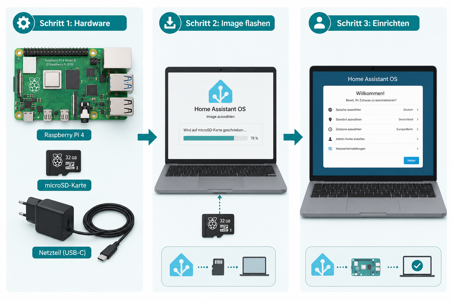 Smart Home komplett ohne Cloud: Home Assistant auf dem Raspberry Pi einrichten 1 Detailed () step-by-step infographic illustration showing a Raspberry Pi 4 board, a microSD card, a power supply, and a