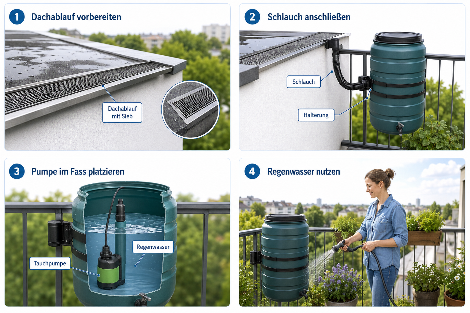 Balkon-Regentonne installieren ohne Regenfallrohr 1 Detailed () step-by-step instructional illustration showing four stages of installing a balcony rain barrel without a