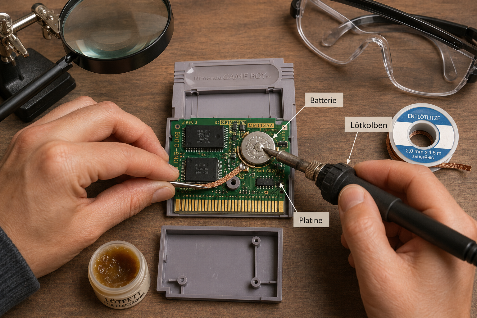 Alte Game Boy Module reparieren: Speicherbatterie auslöten und wechseln 1 Detailed () step-by-step repair scene showing hands in a bright workshop carefully using a soldering iron to desolder a