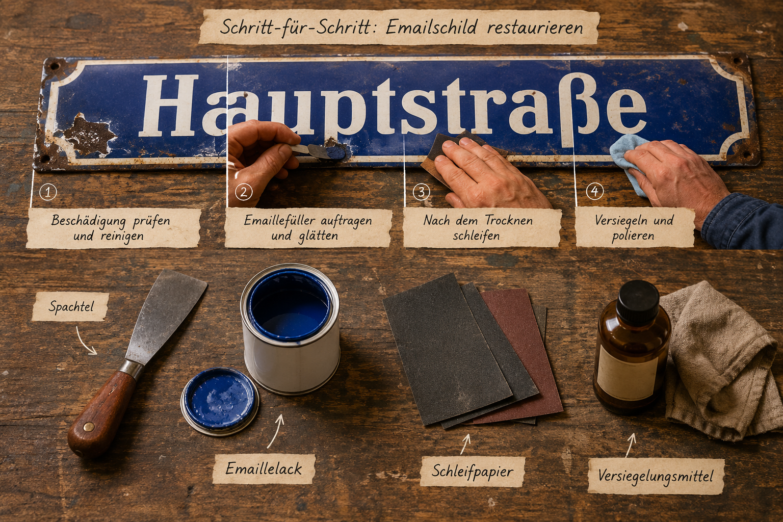 Emailleschilder restaurieren: Abplatzer auffüllen und unsichtbar versiegeln 1 Detailed () step-by-step restoration scene showing a craftsperson's hands applying colored enamel filler to a chipped