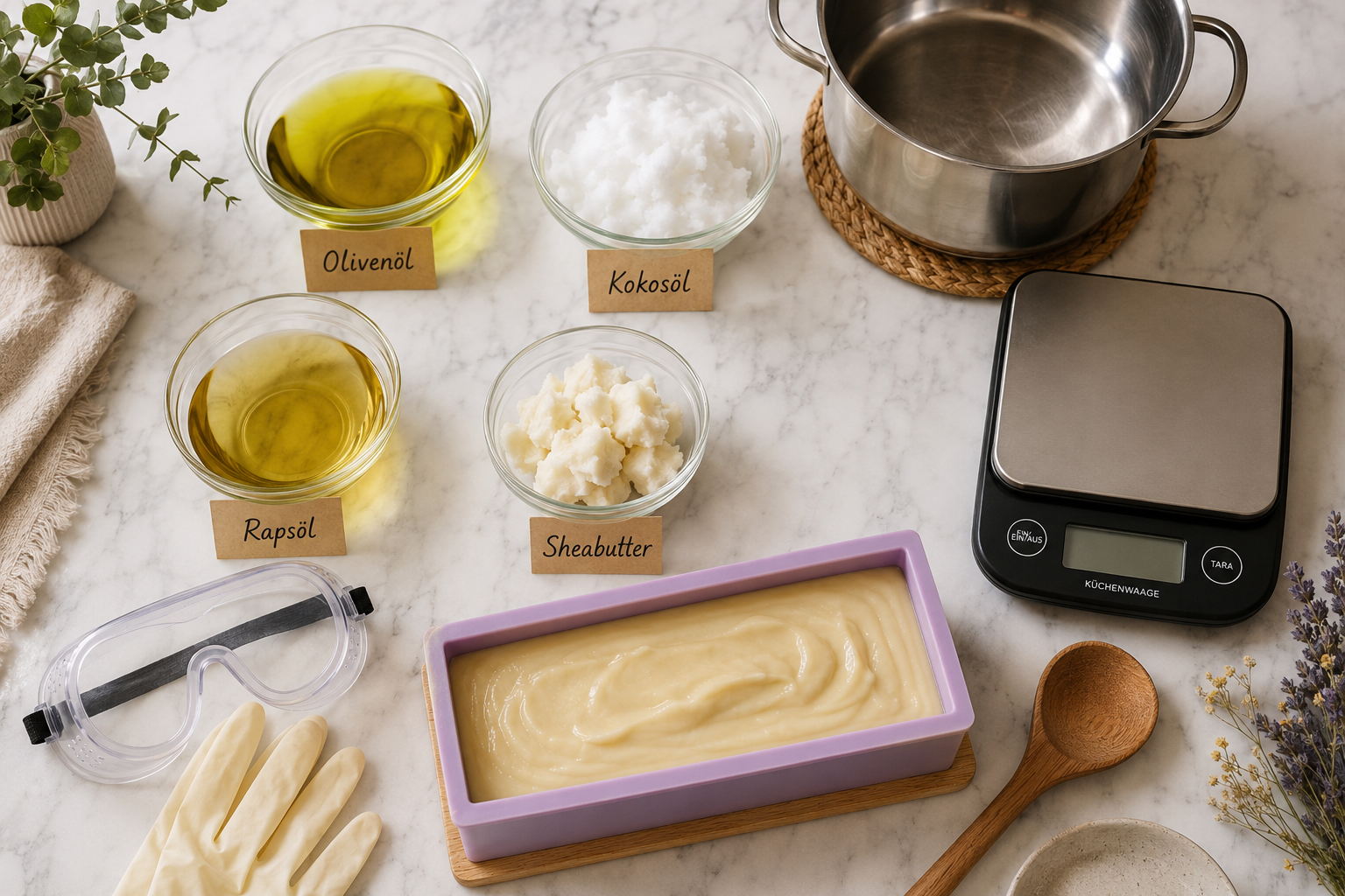 Eigene Seife sieden ohne Palmöl: Ein Basis-Rezept für Einsteiger 1 Detailed () step-by-step soap-making scene: top-down flat lay on a white marble surface showing labeled glass bowls with