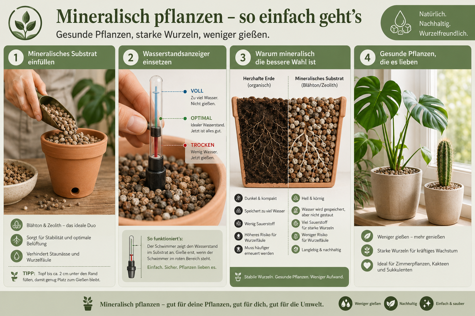 Zimmerpflanzen in mineralisches Substrat umtopfen: Wasserstandsanzeiger richtig nutzen 1 Detailed () step-by-step visual guide illustration showing four side-by-side panels: Panel 1 – hands scooping mineral