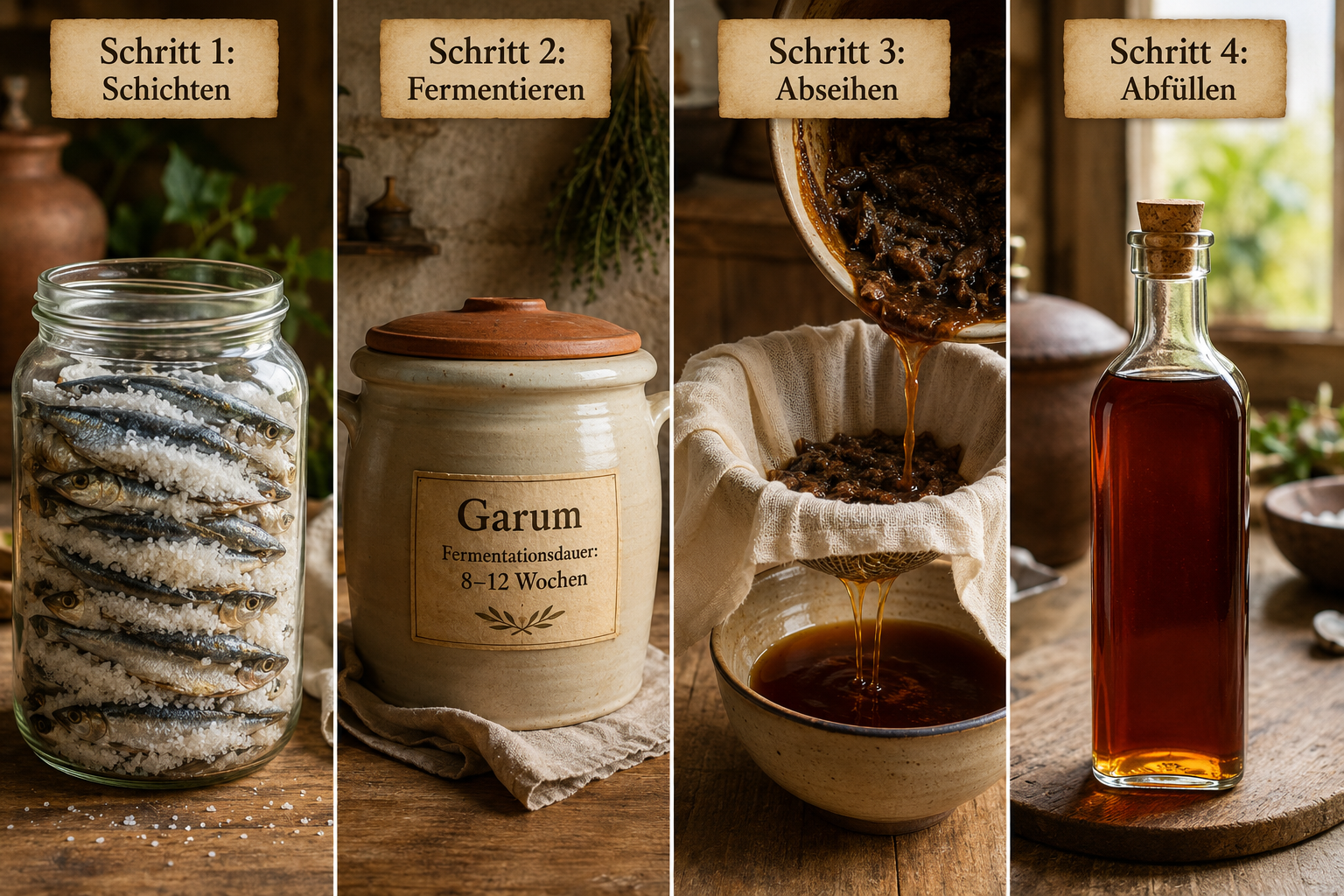 Garum selber machen: Fermentierte Fischsauce für die Heimküche 1 Detailed () step-by-step visual guide showing four stages of Garum fermentation in a home kitchen: whole small fish layered
