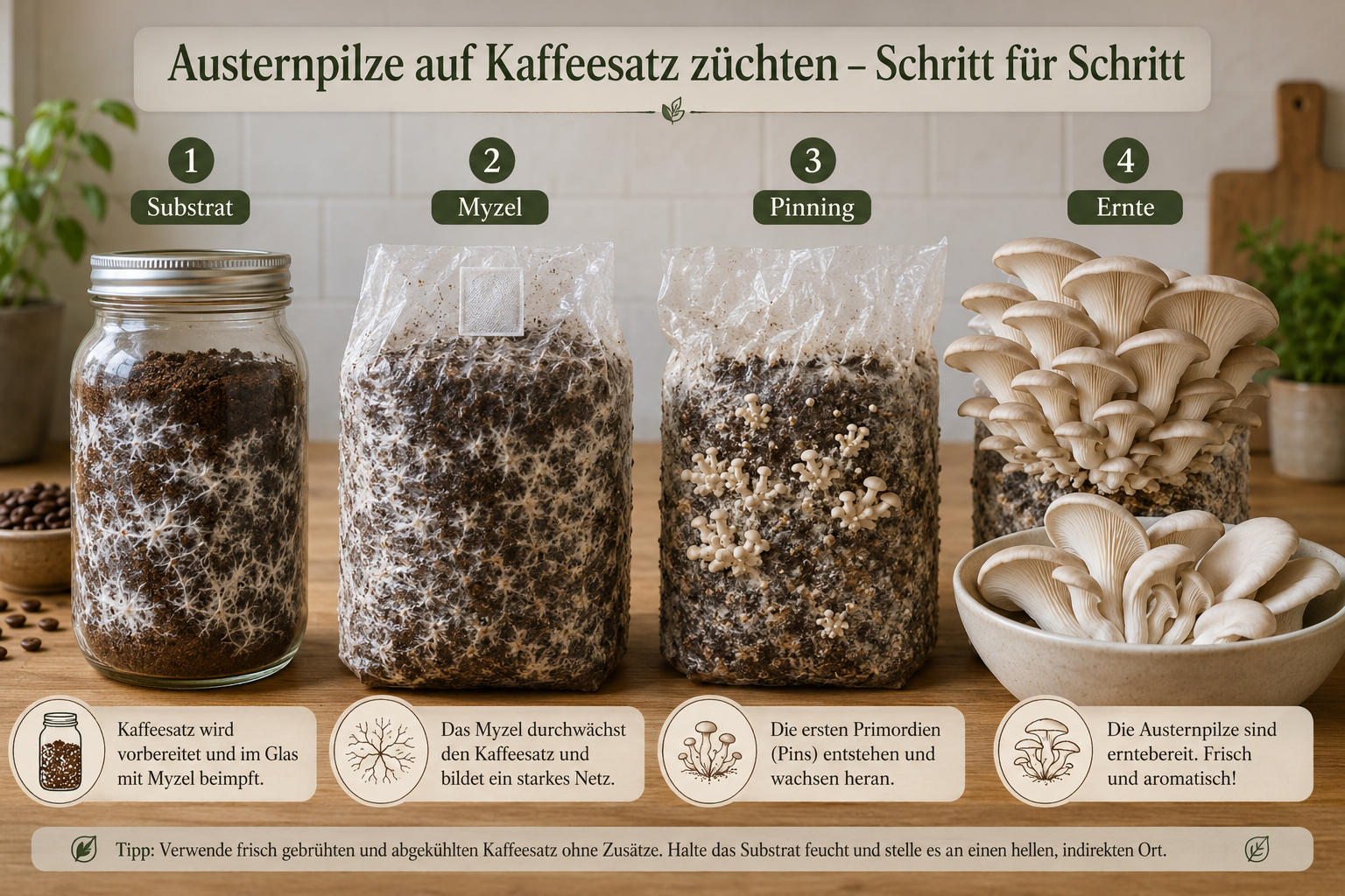 Pilze züchten auf Kaffeesatz: Austernpilze für Anfänger 1 Detailed () step-by-step visual guide showing four stages of oyster mushroom cultivation on coffee grounds: a glass jar with