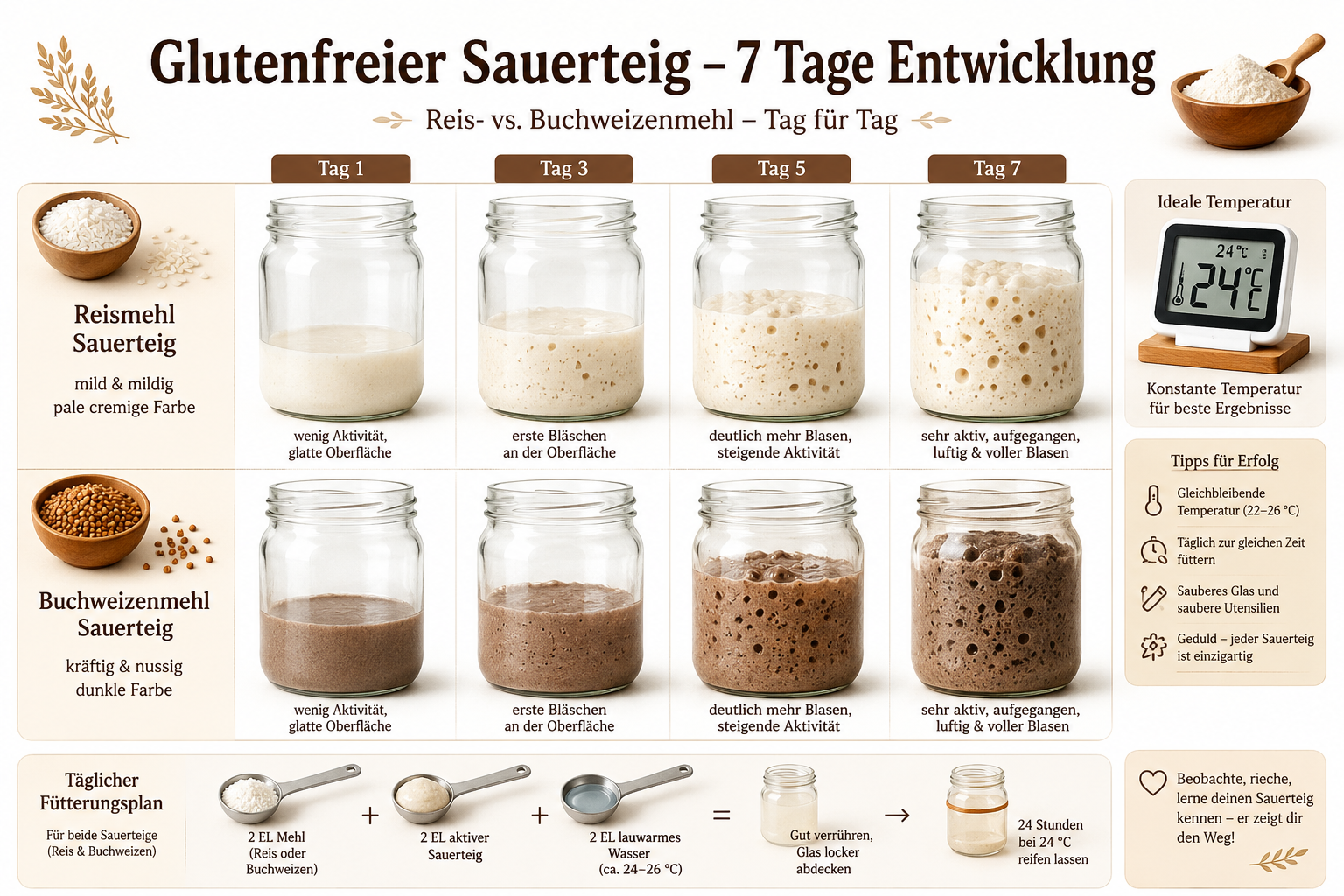Sauerteig aus glutenfreiem Mehl züchten: Reis- und Buchweizen-Guide 1 Detailed () step-by-step visual infographic showing four glass jars labeled 'Tag 1' through 'Tag 7' with progressively more