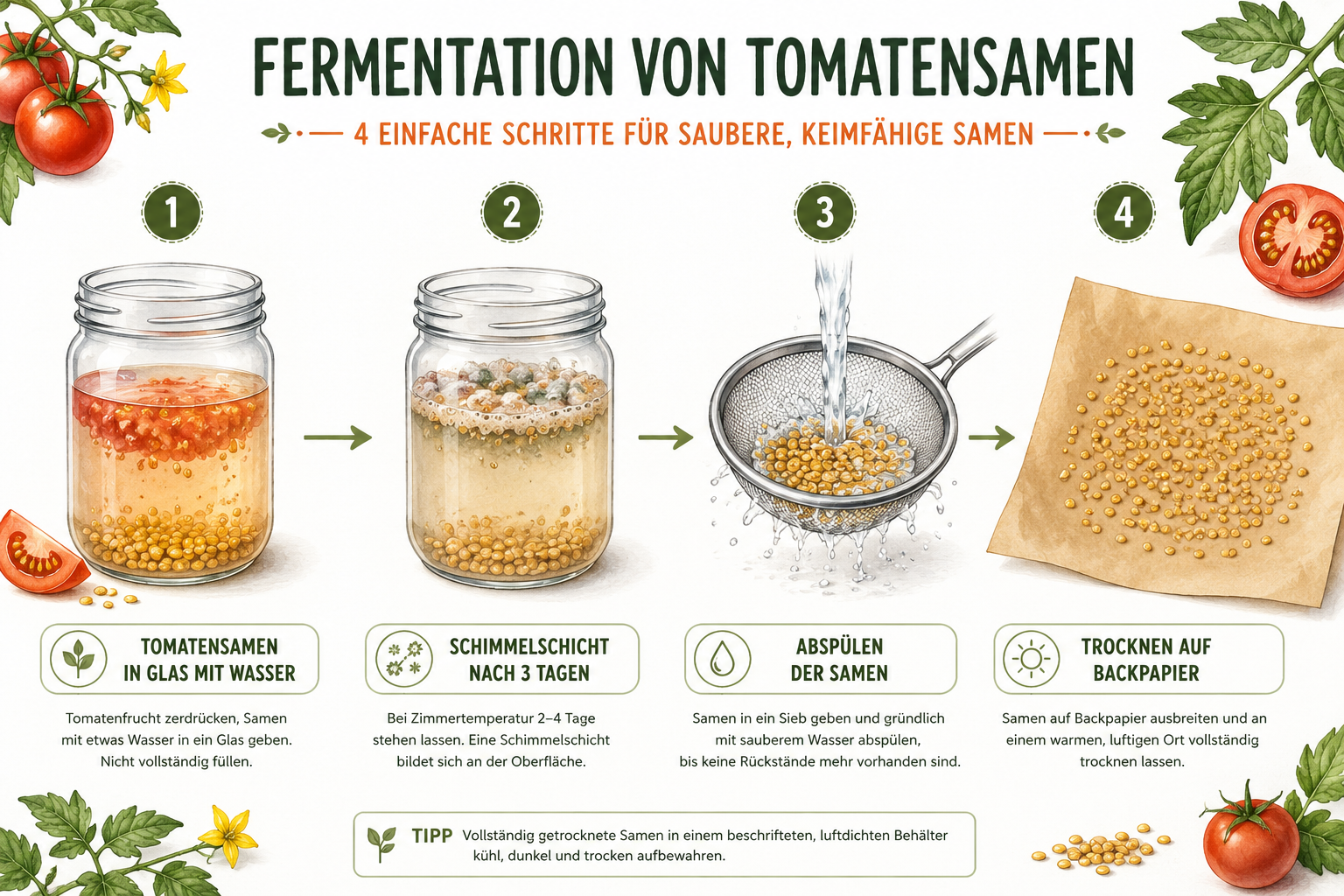 Saatgut von Tomaten richtig fermentieren und überwintern 1 Detailed () step-by-step visual infographic showing four stages of tomato seed fermentation: 1) Tomatensamen in Glas mit