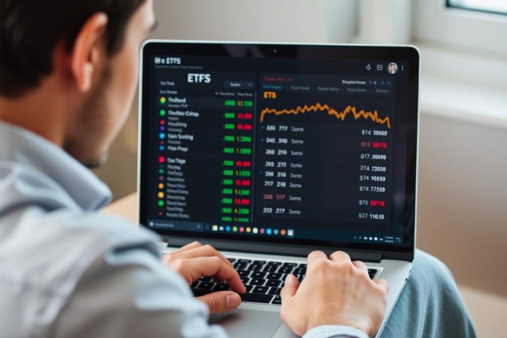 Ein Bild von einem Expat, der an seinem Laptop arbeitet und ETFs auf seinem Bildschirm hat Ein Bild von einem Expat, der an seinem Laptop arbeitet und ETFs auf seinem Bildschirm hat