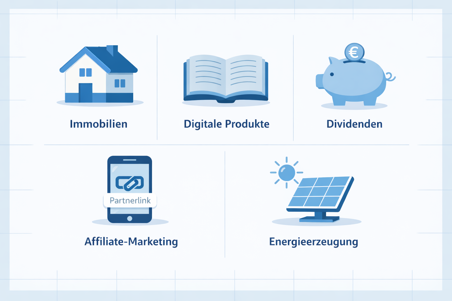 Passives Einkommen aufbauen: Realistische Strategien für den Start 1 Flat-lay infographic style landscape image () showing five distinct icons arranged in a clean grid: a house (Immobilien), a