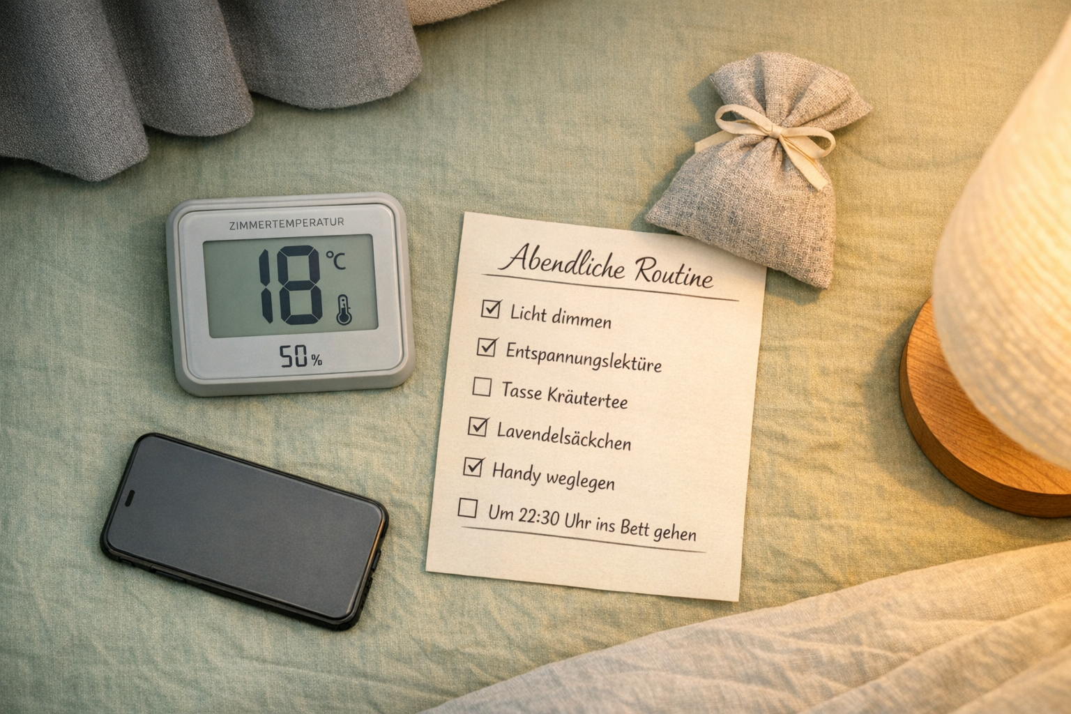 Besser schlafen: Wissenschaftliche Strategien für eine erholsame Nacht 3 Flat-lay lifestyle photograph of a bedroom sleep hygiene setup: a cool-toned room thermometer showing 18 Grad Celsius,