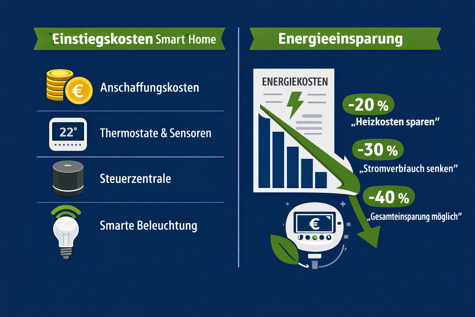 Smart Home für Einsteiger: Lohnt sich das vernetzte Wohnen wirklich? 2 Infographic-style illustration comparing smart home costs and savings in Germany: a two-column layout with icons for