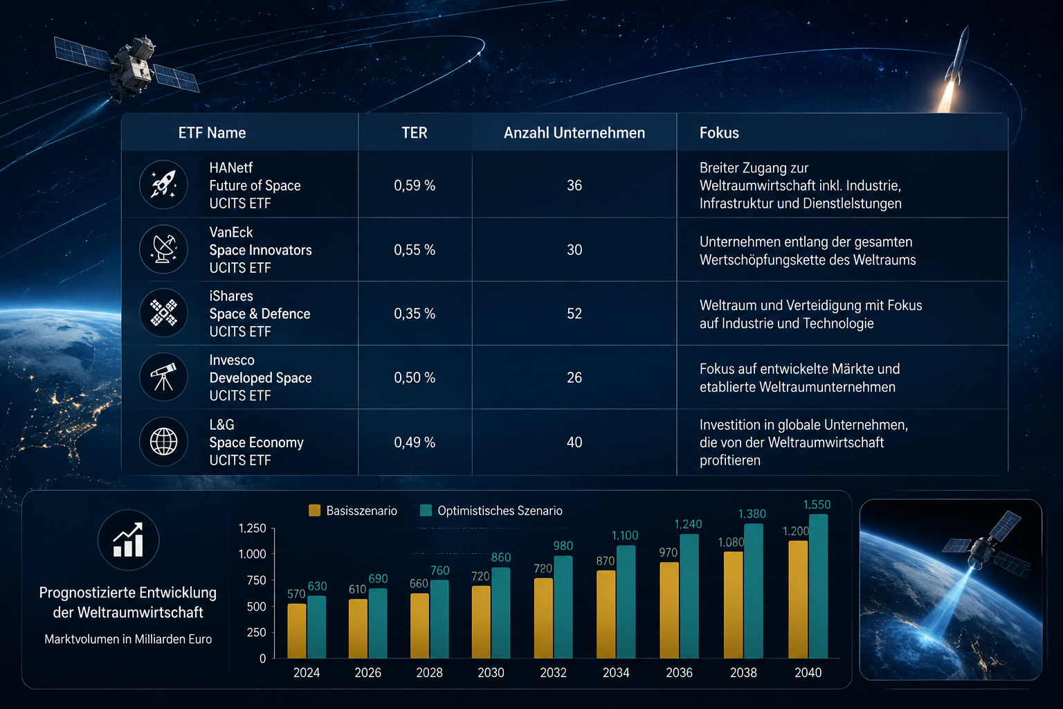 Weltraum-ETFs: Ein Blick auf den Space-Economy-Trend 1 Infographic-style () illustration showing a comparison table of Weltraum-ETFs with columns labeled 'ETF Name', 'TER',