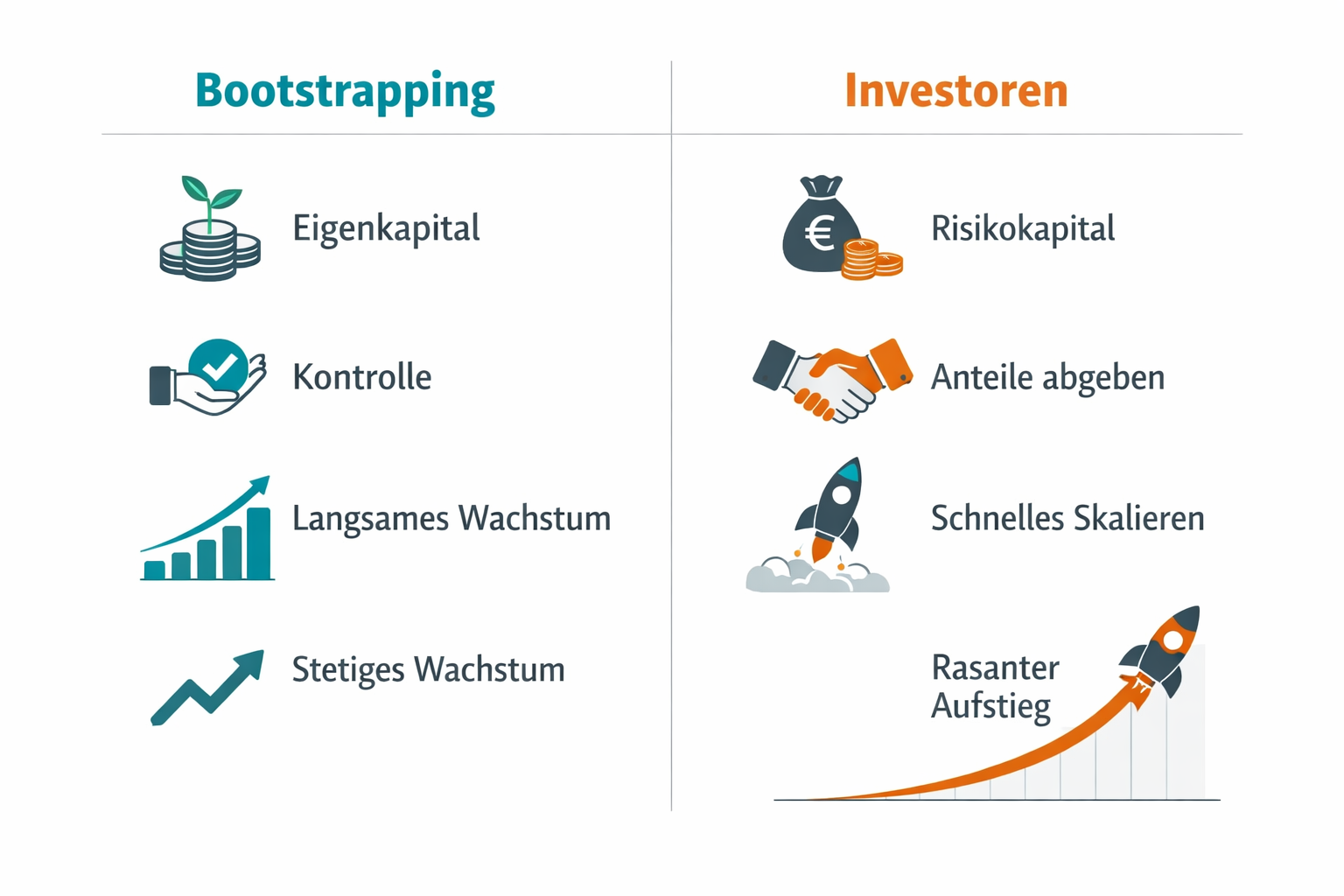 Bootstrapping vs. Investor: Welcher Weg ist der beste für dein Start-up? 1 Infographic-style landscape image () showing two vertical columns side by side: left column labeled 'Bootstrapping' with