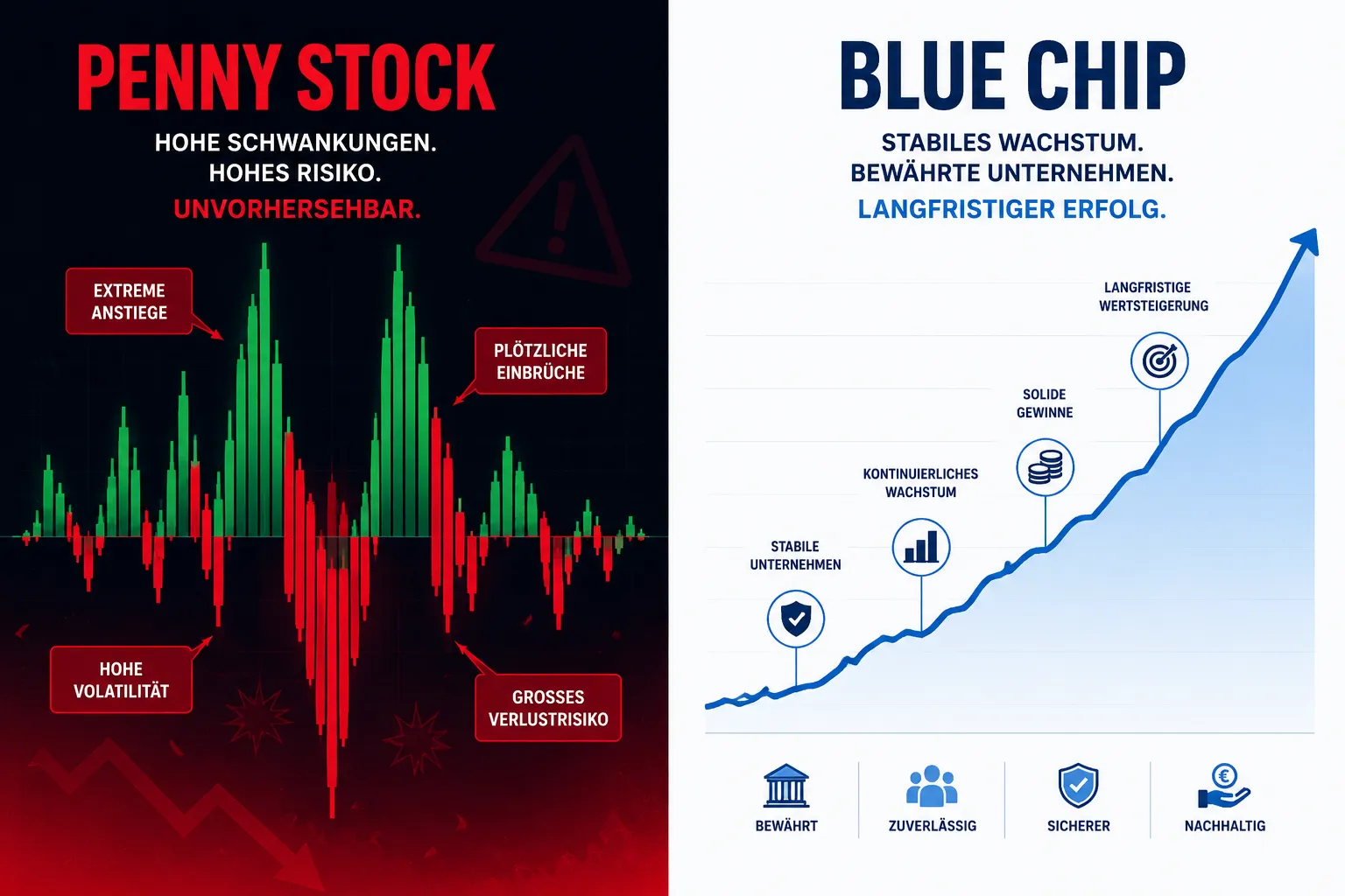 Penny Stocks oder Blue-Chip-Aktien? Vergleichsguide für risikobereite und sicherheitsorientierte Anleger 1 Ist es besser, in Penny Stocks oder etablierte Unternehmen zu investieren?