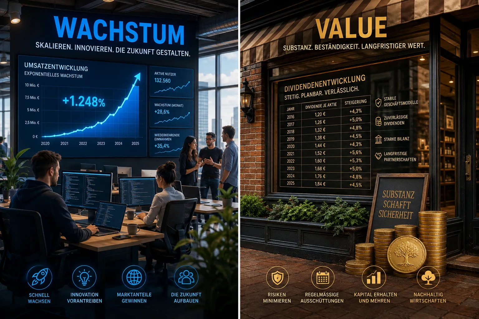 Wachstumsaktien vs. Value-Aktien: Welcher Anlagestil passt zu dir und deinem Depot? 1 Key Takeaways