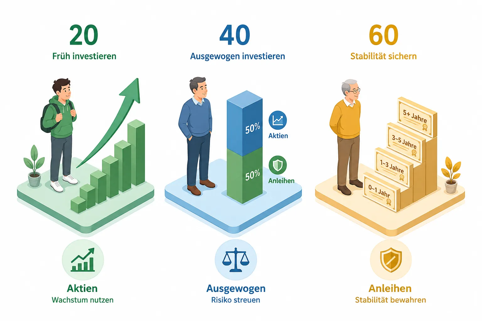 Aktien oder Anleihen für die Altersvorsorge? Realistische Szenarien für 20-, 40- und 60-Jährige 1 Key Takeaways