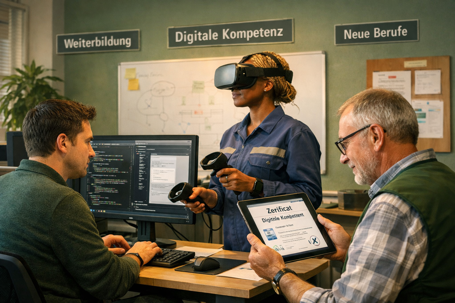 Die Zukunft der Arbeit: Wie Automatisierung unsere Jobs verändert 2 Landscape conceptual illustration showing a diverse group of German workers in a modern upskilling center — one person at a