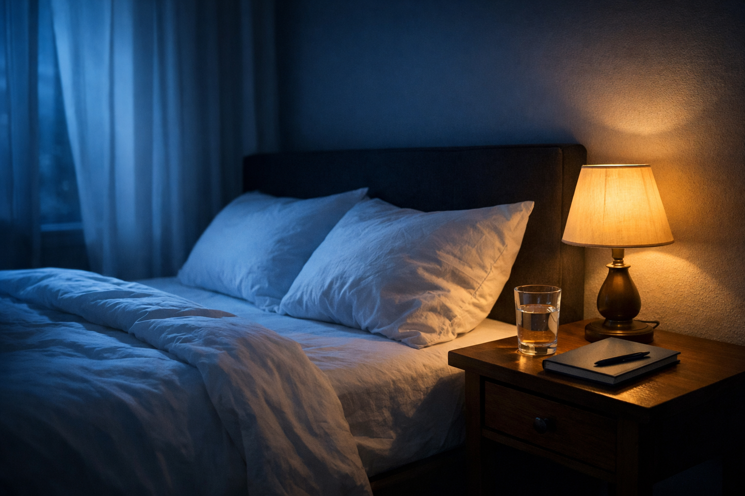 Besser schlafen: Wissenschaftliche Strategien für eine erholsame Nacht 1 Professional () hero image showing a serene bedroom scene at night with soft blue moonlight filtering through curtains onto