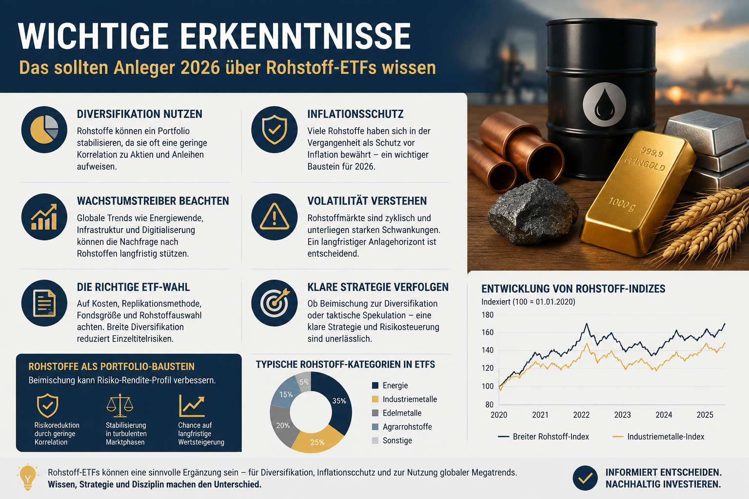 Rohstoff-ETFs: Diversifikation oder Spekulation? 1 Professional infographic for article "Rohstoff-ETFs: Diversifikation oder Spekulation? Ein ehrlicher Leitfaden für Anleger