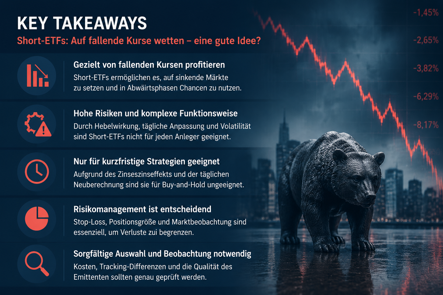 Short-ETFs: Auf fallende Kurse wetten – eine gute Idee? 1 Professional infographic for article "Short-ETFs: Auf fallende Kurse wetten – eine gute Idee?", section: "Key Takeaways".