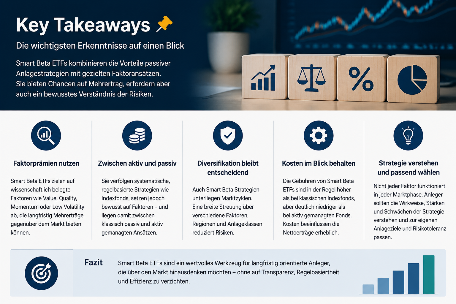 Smart Beta ETFs: Zwischen aktivem und passivem Investieren 1 Professional infographic for article "Smart Beta ETFs: Zwischen aktivem und passivem Investieren", section: "Key Takeaways