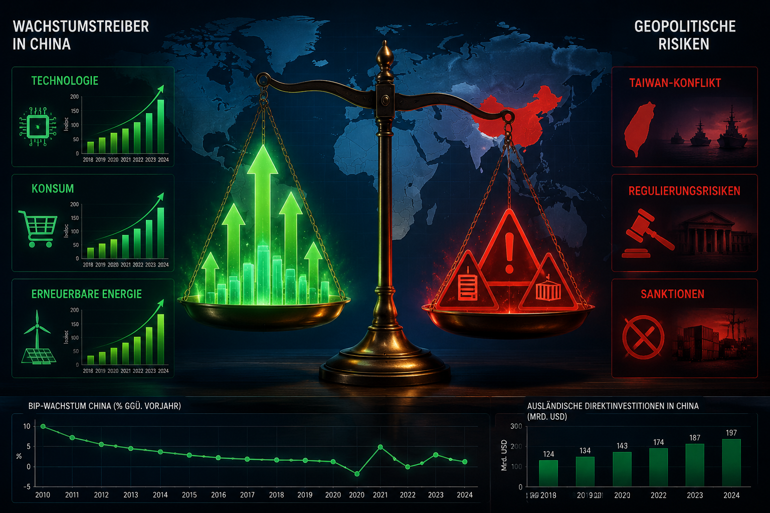 China im Portfolio: Chancen und politische Risiken 1 Professional () infographic-style illustration showing a balanced scale in the center: on the left pan, glowing green upward