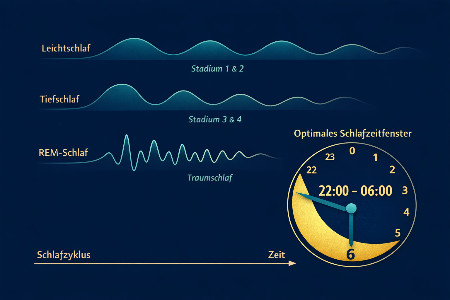 Besser schlafen: Wissenschaftliche Strategien für eine erholsame Nacht 2 Scientific sleep cycle diagram illustration showing the four stages of sleep — Leichtschlaf, Tiefschlaf, REM-Schlaf —