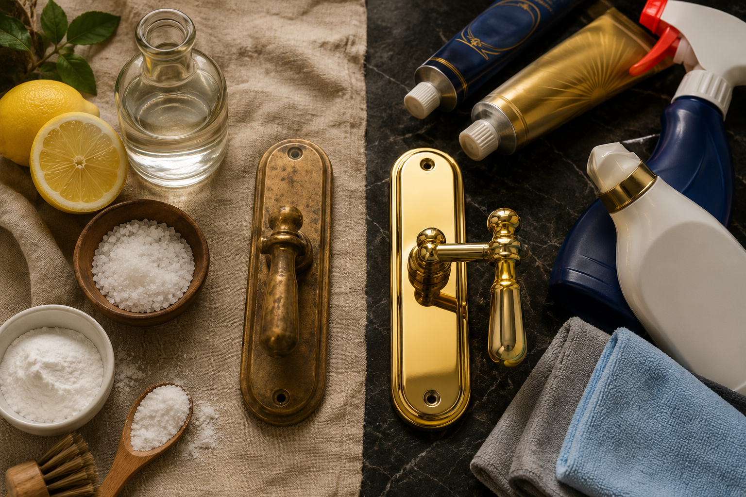 Messingbeschläge auf Hochglanz polieren: Hausmittel vs. Chemie 1 Split-scene () showing a detailed comparison flat-lay: on the left half, natural hausmittel ingredients including halved