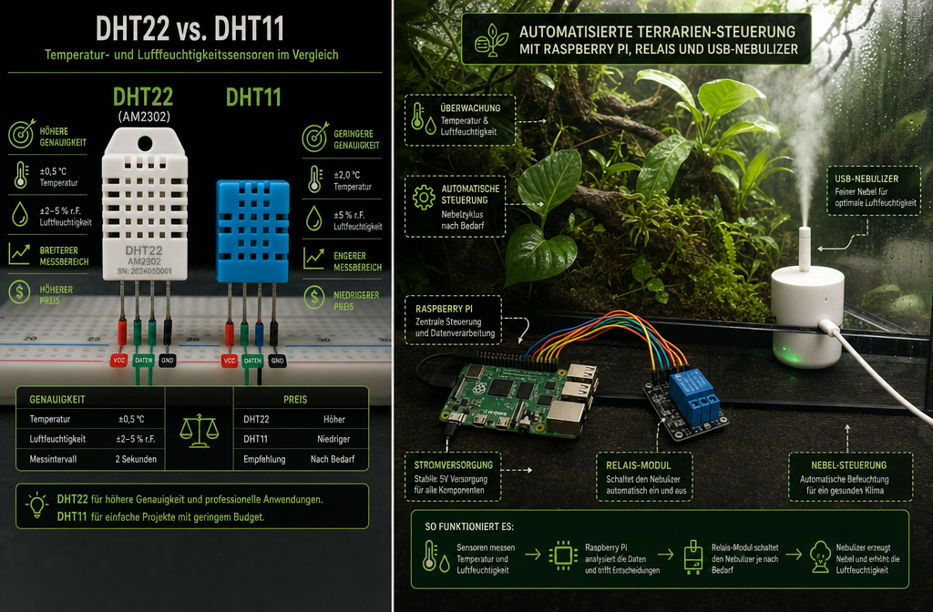 Terrarium automatisieren: Luftfeuchtigkeit per Raspberry Pi steuern 1 Split-scene () showing on the left a close-up of a DHT22 and DHT11 sensor side by side on a breadboard with German labels