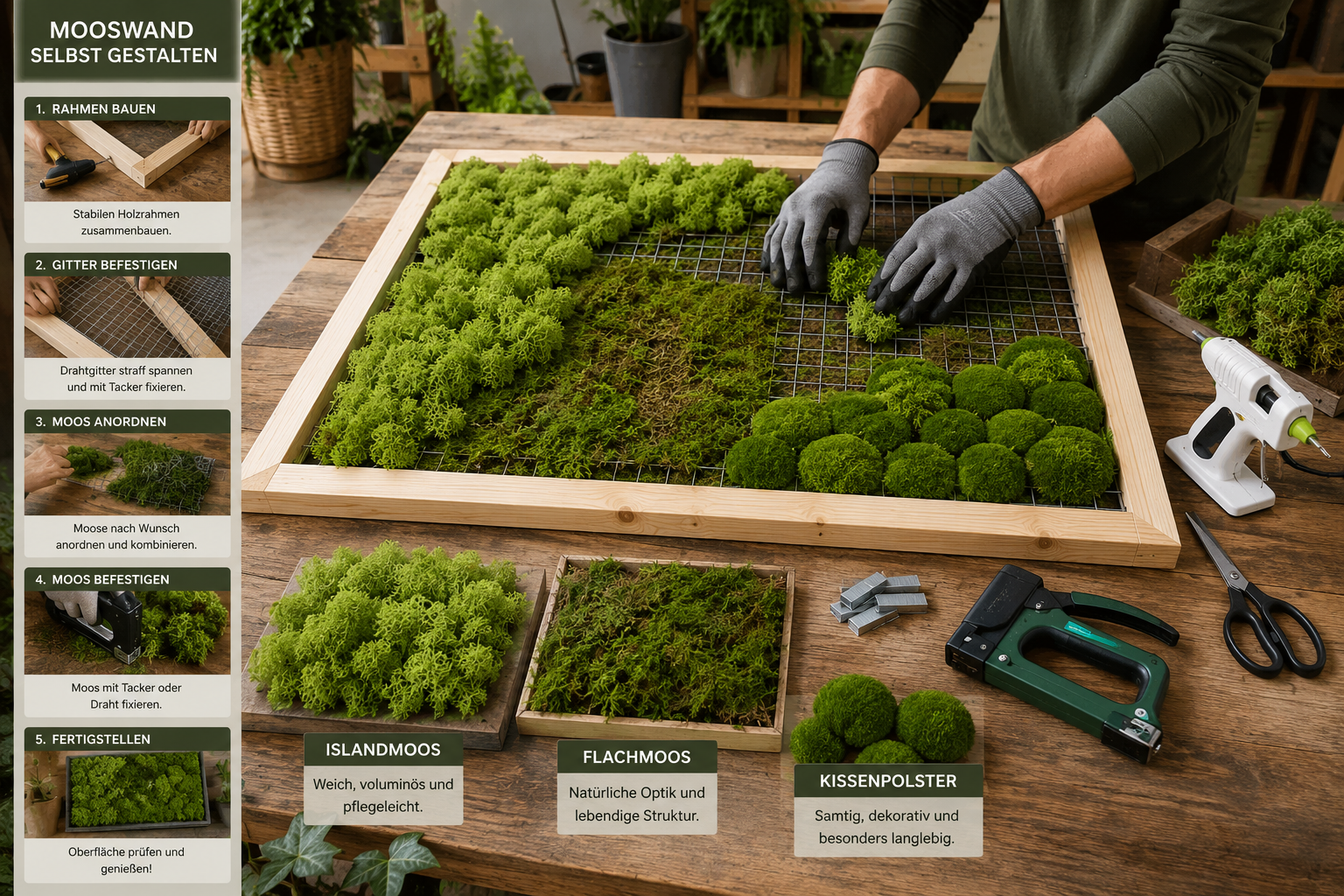 Mooswand für den Innenraum selber bauen und pflegen 1 Step-by-step DIY moss wall construction scene on a large wooden workbench: wooden frame, wire mesh, preserved and living