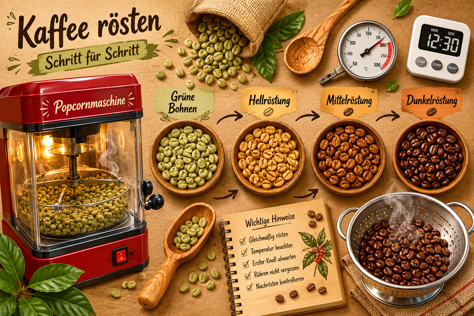Kaffeebohnen rösten mit der Popcornmaschine: Der ultimative Guide 1 Step-by-step flat-lay illustration showing a popcorn machine next to green coffee beans in various roast stages from light
