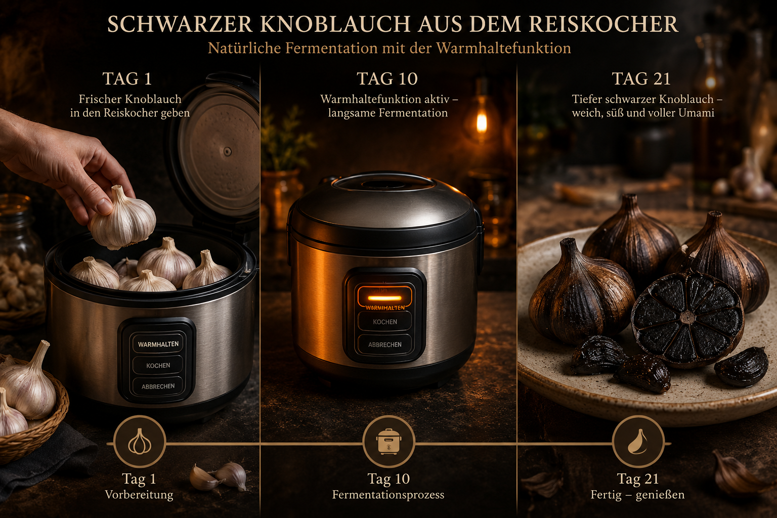 Fermentierter Knoblauch (Black Garlic) aus dem heimischen Reiskocher 1 Step-by-step visual collage showing black garlic fermentation process in a rice cooker: left panel shows raw white garlic