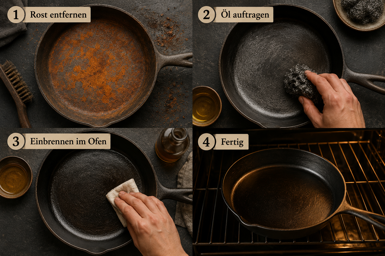 Gusseisenpfannen neu einbrennen nach starkem Rostbefall 1 Step-by-step visual guide showing four stages of cast iron pan restoration: close-up of orange rust on pan surface,