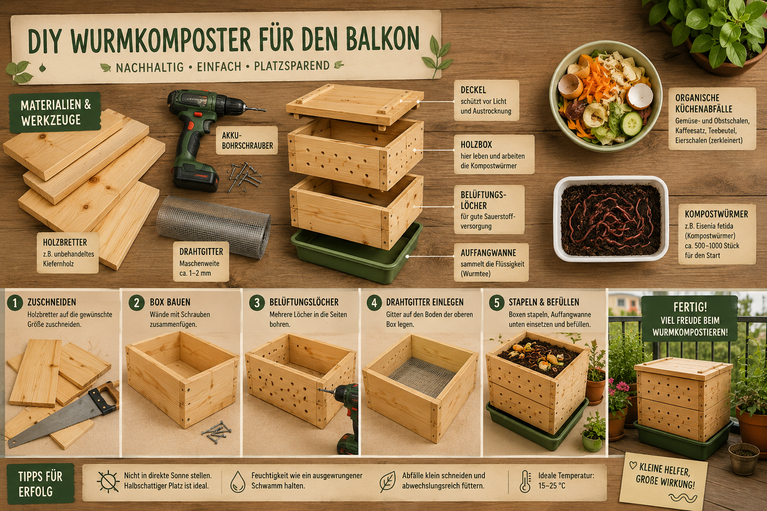 Einen Wurmkomposter für den Balkon selber bauen und pflegen 1 Step-by-step visual guide showing materials for building a DIY Wurmkomposter on a balcony: wooden planks, drill, mesh