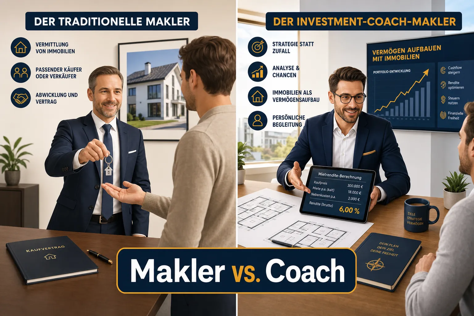 Makler als Investment-Coach: So begleiten Sie Kunden beim langfristigen Vermögensaufbau mit Immobilien 1 Unterschied zwischen Makler und Investment-Coach