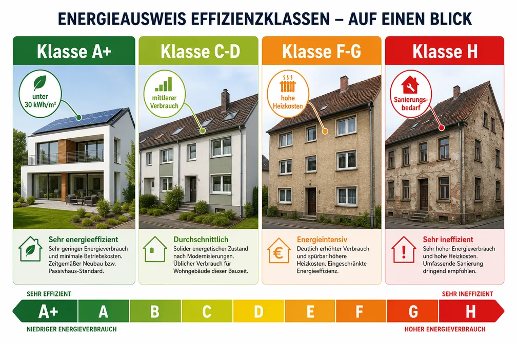 Energieausweis als Verkaufsargument: So erklären Makler Effizienzklassen ohne Fachchinesisch 1 Was bedeuten die Effizienzklassen A+ bis H in einfachen Worten?