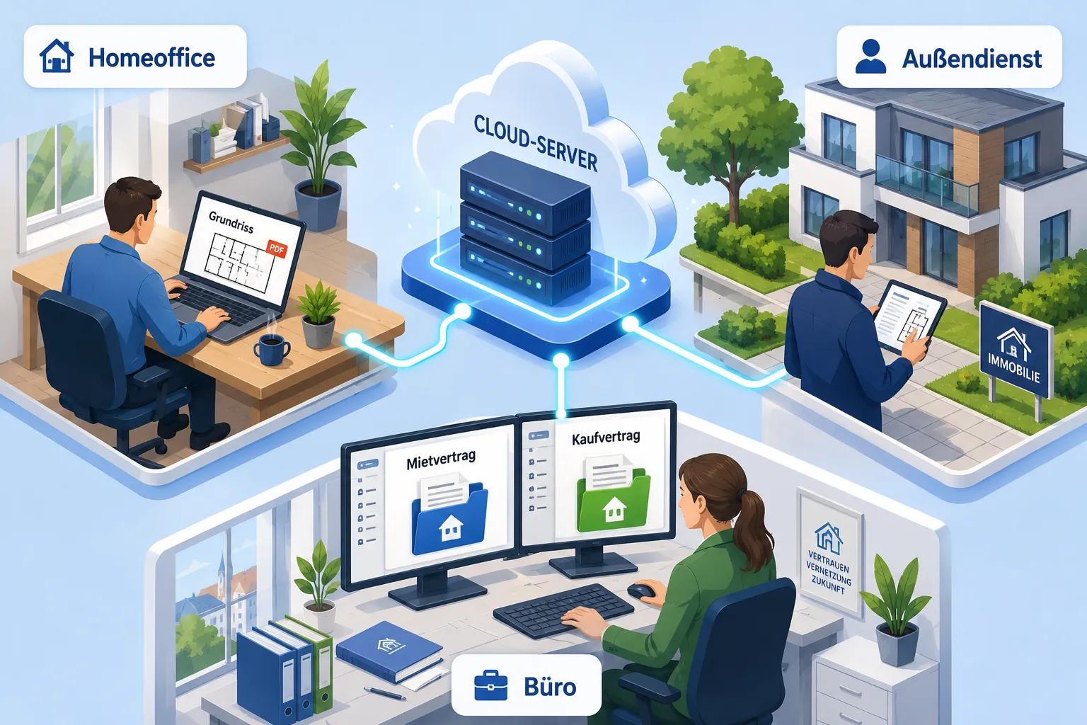 Cloud-Büro für Immobilienmakler: Sicher und hybrid arbeiten mit digitalen Akten und Team-Workflows 1 Was ist ein Cloud-Büro für Immobilienmakler?