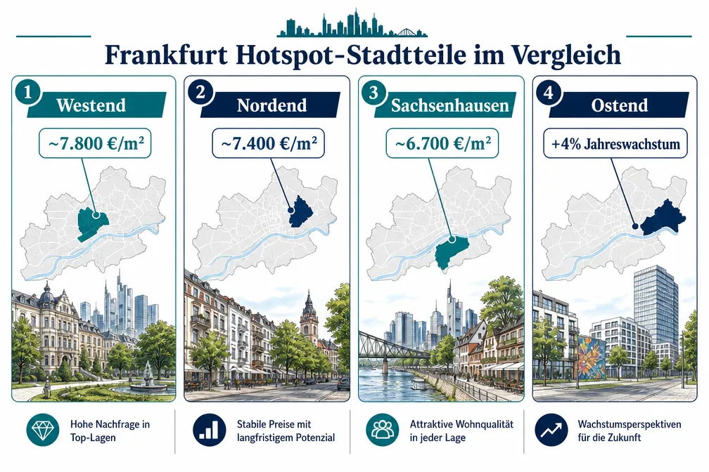 Immobilienpreise in Frankfurter Hotspot-Stadtteilen: Wann Makler jetzt einsteigen sollten 1 Welche Stadtteile in Frankfurt gelten aktuell als Hotspots