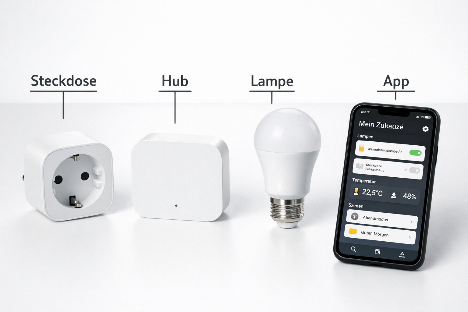 Smart Home für Einsteiger: Lohnt sich das vernetzte Wohnen wirklich? 1 Wide-angle editorial photograph of a beginner-friendly smart home starter kit laid out on a white table: a smart plug, a