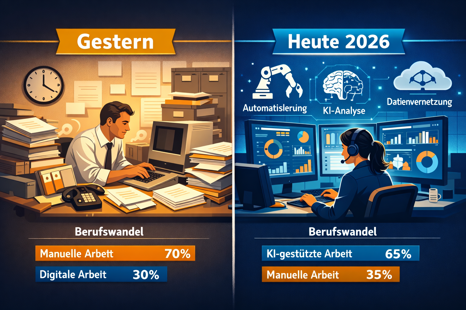 Die Zukunft der Arbeit: Wie Automatisierung unsere Jobs verändert 1 Wide-angle infographic-style illustration showing a split comparison: left side depicts traditional office jobs with paper