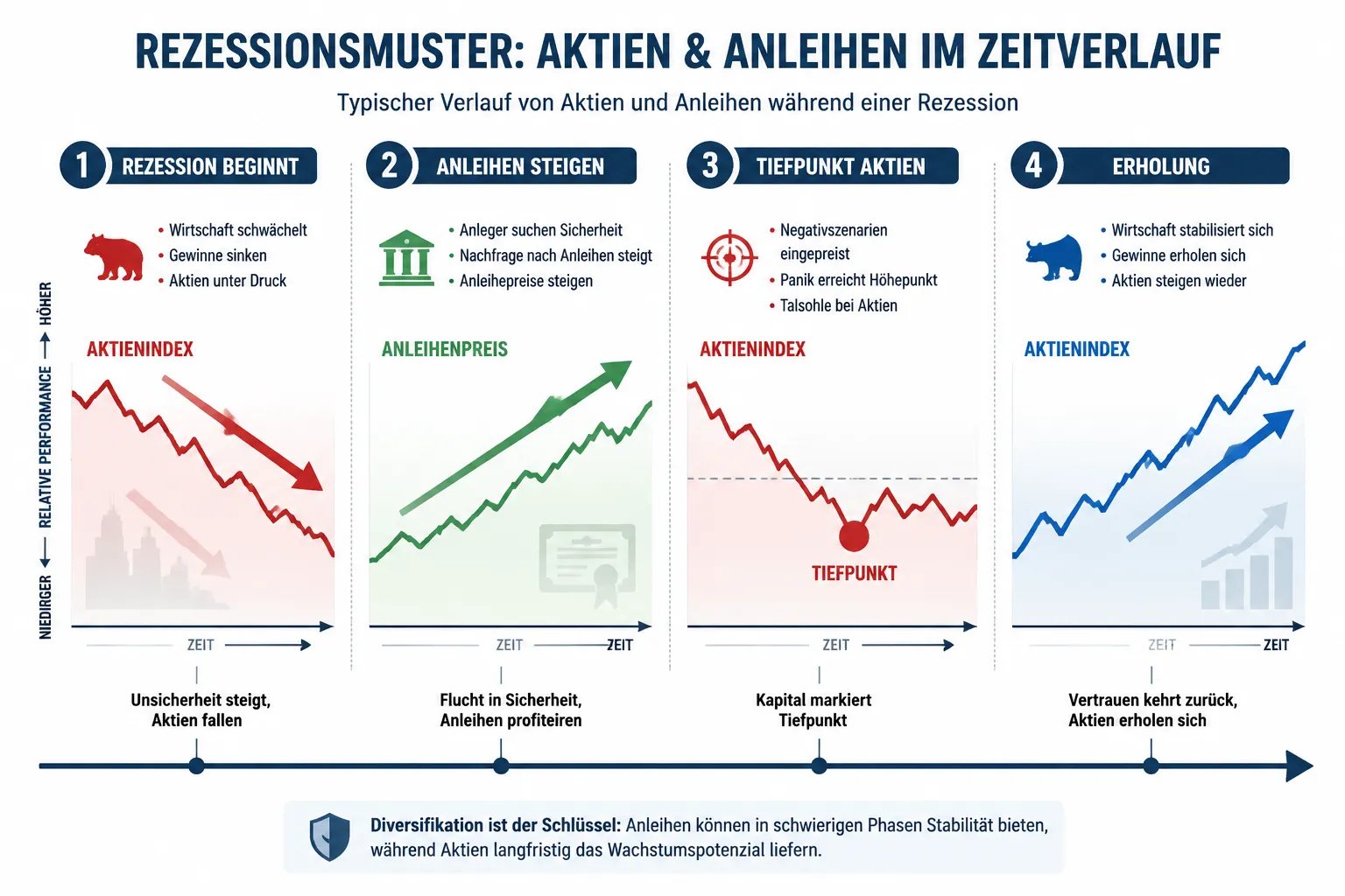 Was passiert mit Aktien und Anleihen in einer Rezession? Historische Muster und Depot-Strategien 1 Wie fallen Aktien in einer Rezession typischerweise?