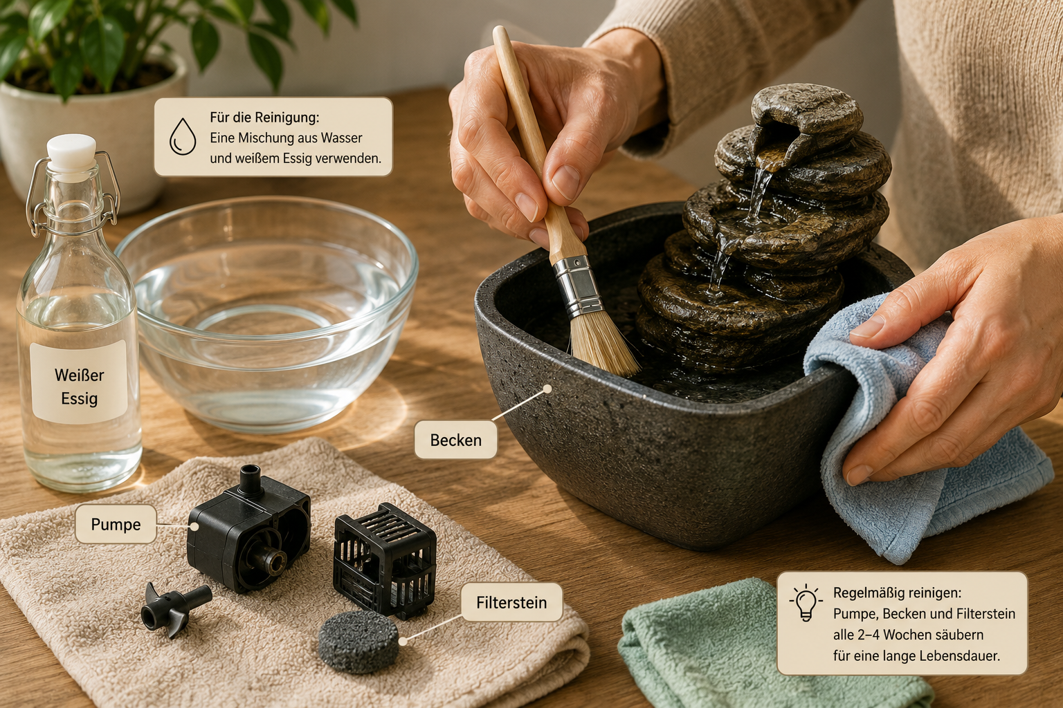 Zimmerbrunnen im Homeoffice: Beruhigendes Plätschern richtig platzieren 2 Wie reinige und pflege ich einen Zimmerbrunnen richtig