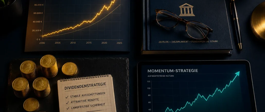 Aktien-Strategien im Vergleich: Buy-and-Hold, Value, Dividenden und Momentum mit einfachen Beispielen