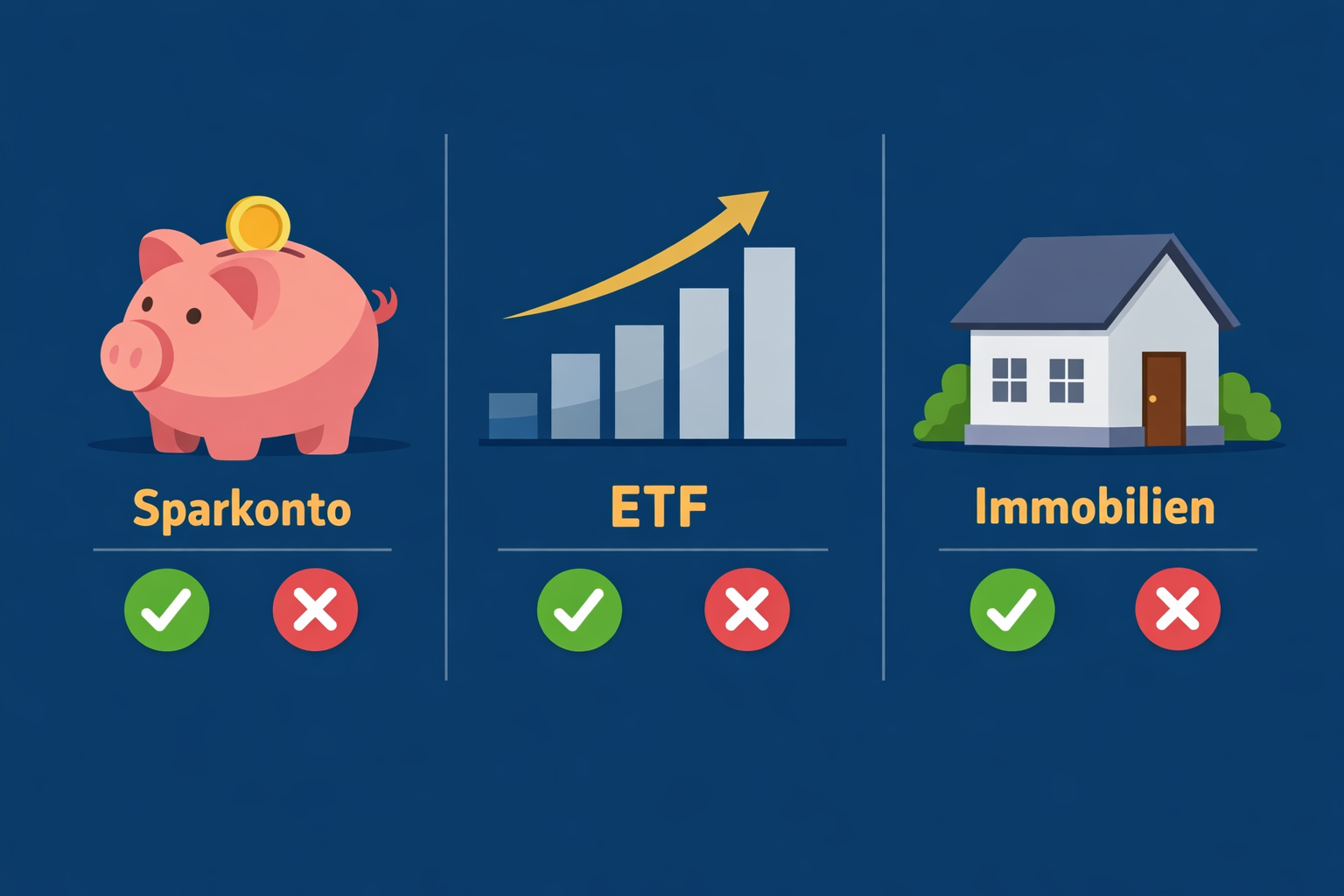 Grundlagen der Geldanlage: Ein zeitloser Leitfaden für absolute Anfänger 2 () comparison visual showing three investment types side by side for German beginners: a piggy bank labeled 'Sparkonto', a