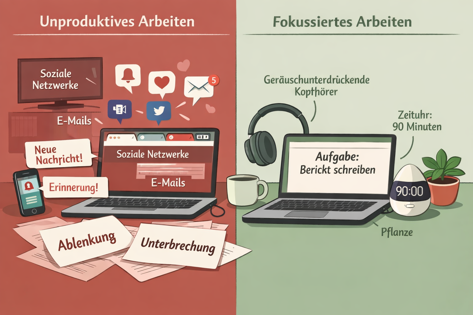Deep Work: So erreichst du maximale Konzentration im Homeoffice 1 () concept illustration showing a split-screen comparison: left side depicts a chaotic home office with phone notifications,