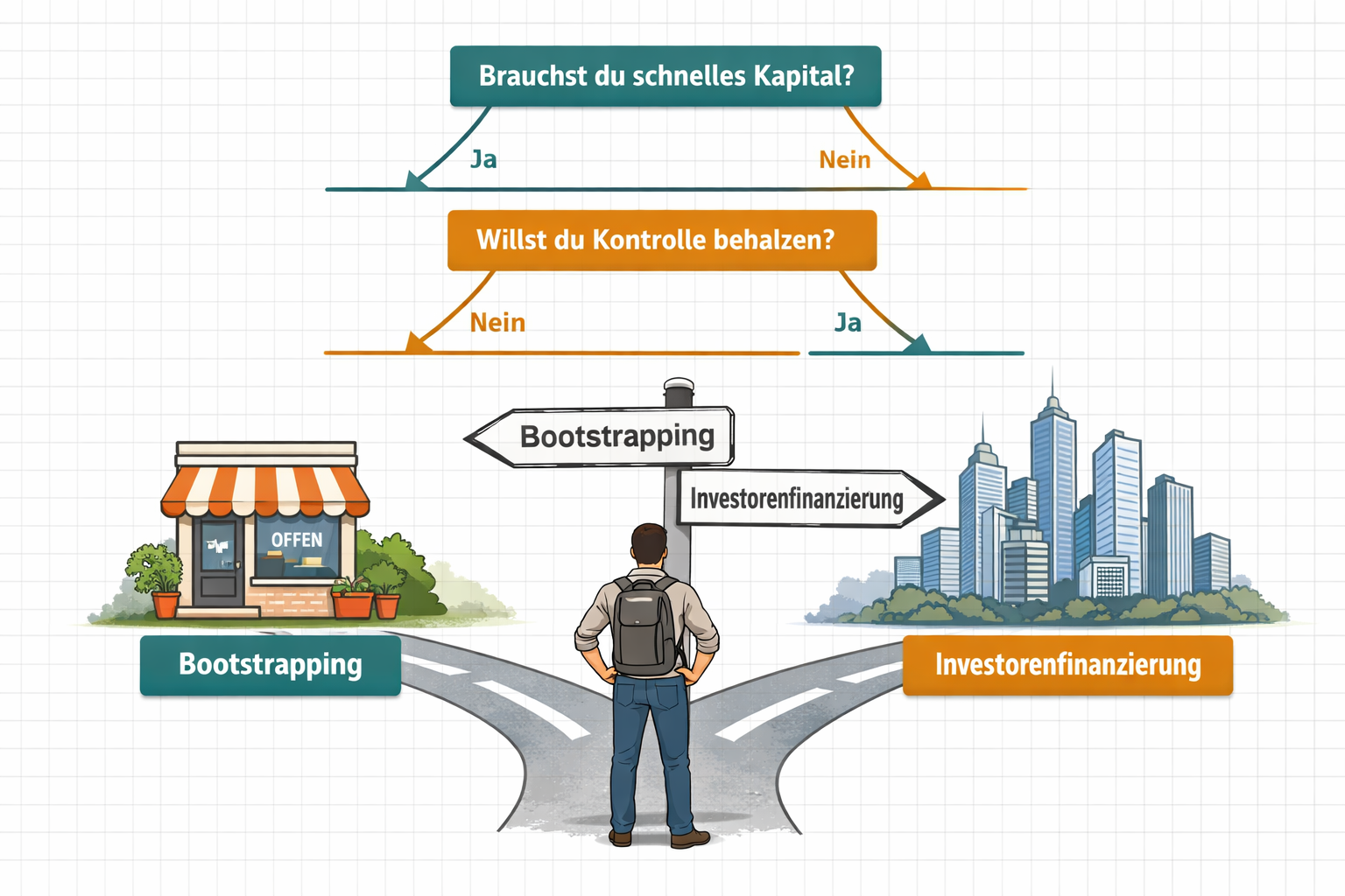 Bootstrapping vs. Investor: Welcher Weg ist der beste für dein Start-up? 2 () decision-tree flowchart illustration showing a German-language startup founder at a crossroads signpost, one path leading