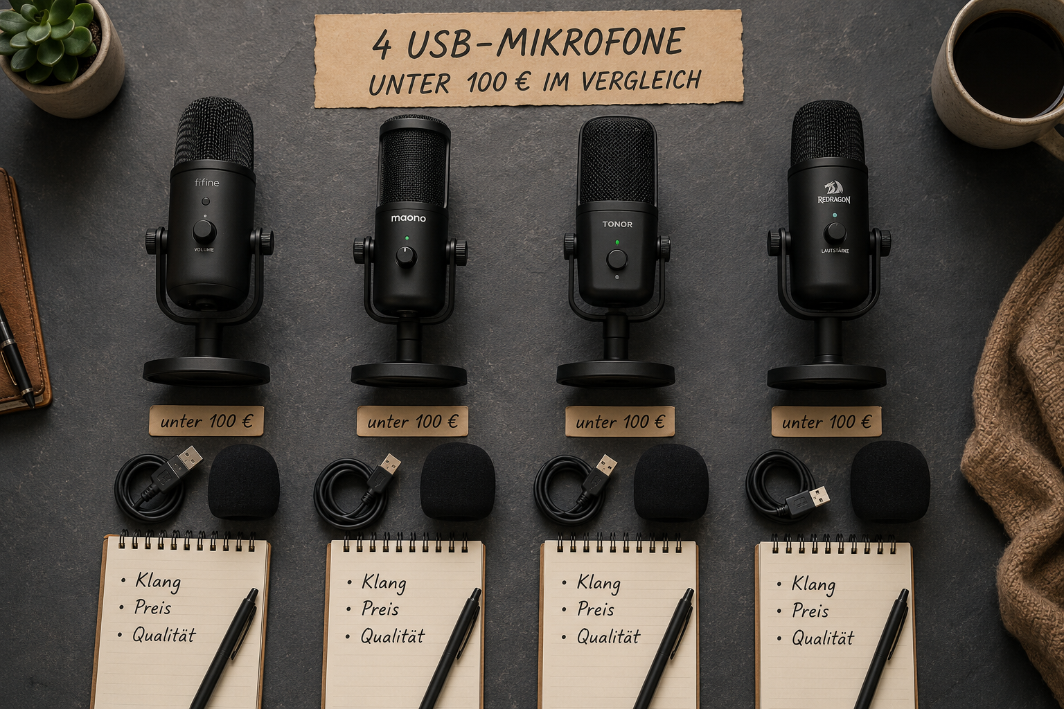 Einen eigenen Podcast lokal aufnehmen: Mikrofon-Setup unter 100 Euro 1 () detailed comparison flat-lay image showing four budget USB microphones under 100 Euro arranged side by side on a dark