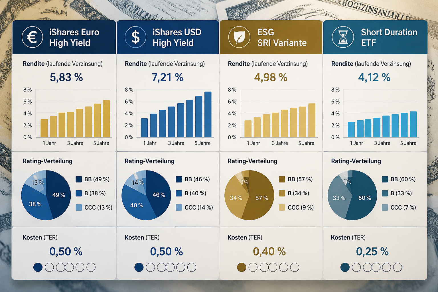 High Yield Bond ETFs: Die Jagd nach den Schrottanleihen 1 () detailed financial infographic illustration showing a comparison table of four High Yield Bond ETFs side by side: iShares